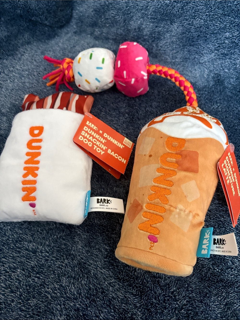 Dunkin joy dog toys snackin’ bacon and Dunkin’ signature latte